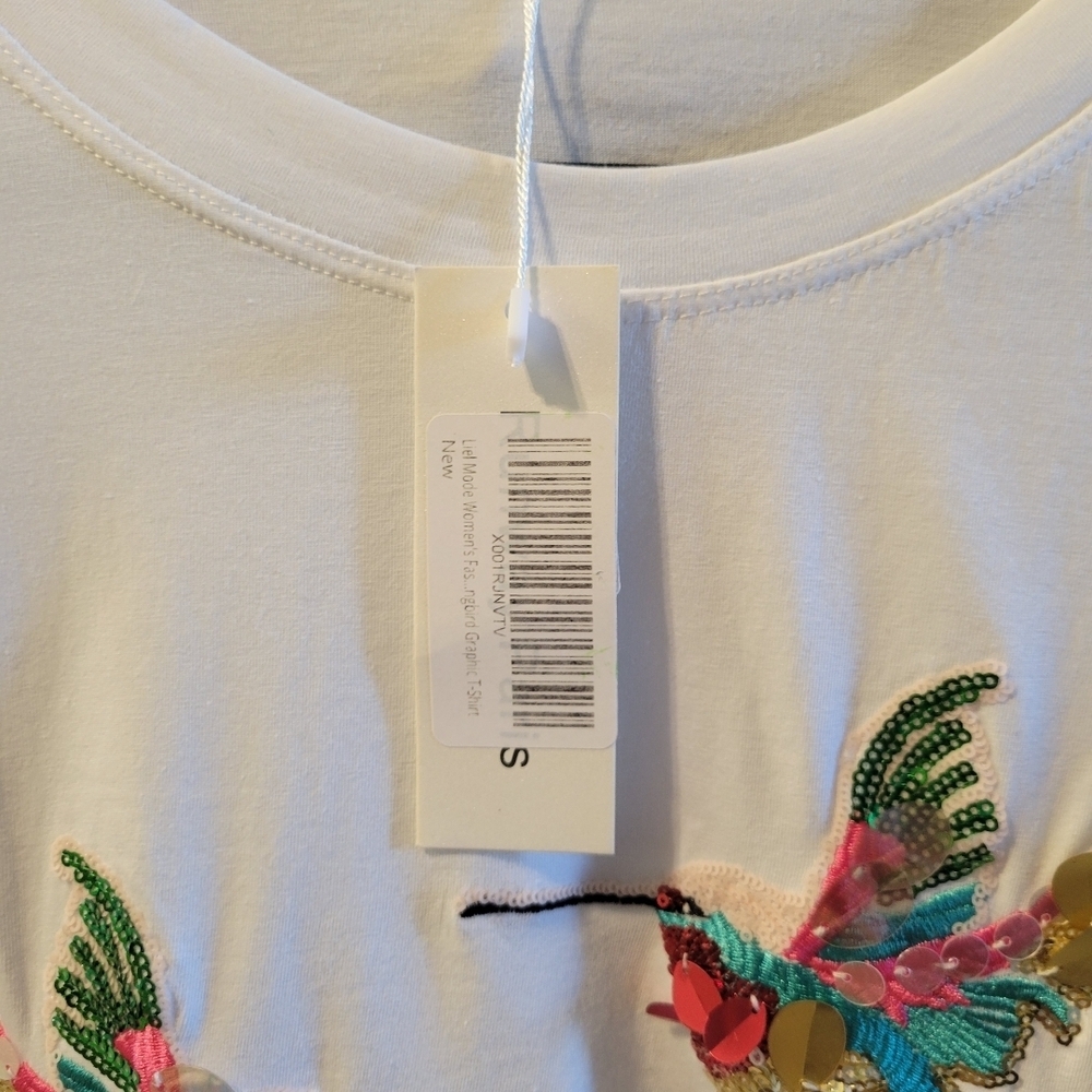 Women’s White Short Sleeve Tee with Colorful Hummingbird Embellishment - Picture 7 of 8